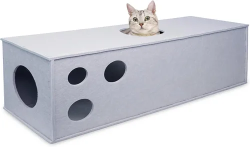 Vista 9 de PETKARAY Túnel para gatos, cueva original para gatos de interior, tubos y túneles de juego para gatitos grandes, juguete de fieltro suave con Beige