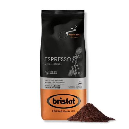 Vista 13 de Bristot Café molido 100% arábica – Espresso italiano delicado – Tostado medio – Café molido para moka, prensa francesa y filtro – 8.8 oz (250 g)