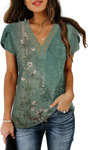 Vista 2 de Camisetas de manga corta con pétalos para mujer, cuello en V, con encaje, ajuste holgado