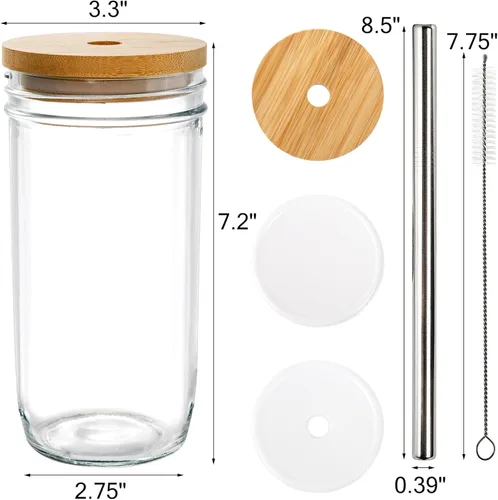 Vista 2 de Yesland Paquete de 6 vasos de vidrio con tapas y pajitas, tarro Mason de 24 onzas, vaso estético para batidos, taza de café y cerveza, taza Boba