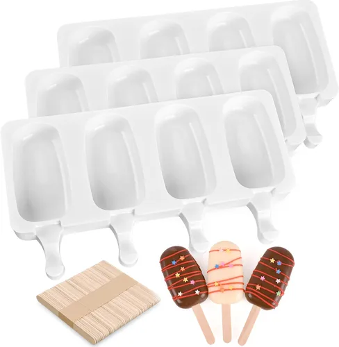 Vista 10 de Sakolla - Juego de moldes de silicona para paletas de hielo, 4 cavidades, moldes para helado ovalados con 50 palos de madera