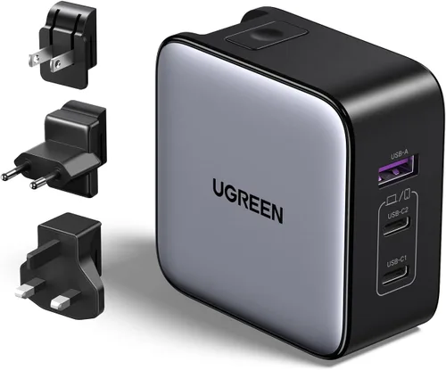 Vista 9 de UGREEN Adaptador de viaje USB C de 65 W, cargador rápido plegable con enchufes de EE. UU./Reino Unido/UE, adaptador de corriente internacional de 3