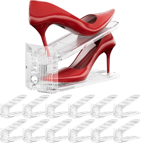 Vista 2 de Neprock Organizador de ranuras para zapatos para armario, paquete de 12 apiladores de zapatos acrílicos para un par de zapatos, 3 niveles ajustables