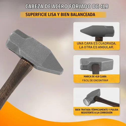 Vista 3 de Martillo de forja hecho a mano de 4 libras para herrador, fabricante de cuchillos, herramienta de forja de herrero