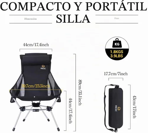 Vista 3 de Nice C - Silla de campamento ultraligera y compacta con respaldo alto (1 negro) Silla de senderismo plegable, silla plegable, silla de festival