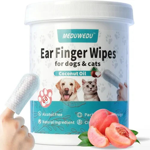 Vista 2 de MEDUWEDU Dúo de higiene de oídos – Toallitas perfumadas para dedos de melocotón + hisopos de algodón para perros y gatos