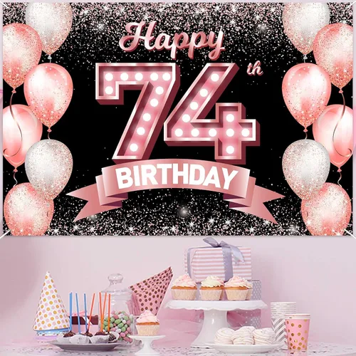 Vista 263 de Cartel de feliz cumpleaños décimo oro rosa, telón de fondo, saludos a 10 años, globos de confeti, decoración temática para niñas de 10 años