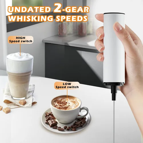 Vista 2 de Espumador de leche eléctrico recargable de mano con tapa, varita espumadora de café, mezclador de bebidas de mano con 2 batidores desmontables