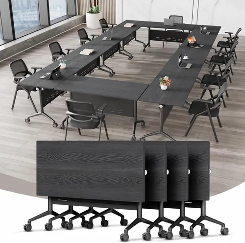 Vista 27 de Mesa de conferencias plegable, mesa modular moderna para sala de conferencias con ruedas para 8-16 personas, mesas de entrenamiento plegables