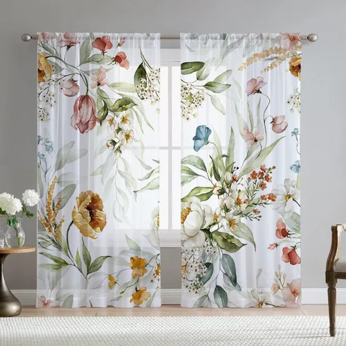 Vista 11 de Cortinas de hojas de eucalipto verdes para sala de estar de 63 pulgadas de largo, juego de 2 paneles elegantes de flores silvestres con estampado