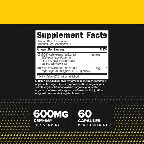 Vista 2 de Primaforce KSM-66 Extracto de raíz de Ashwagandha (600 mg) 60 cápsulas vegetarianas - 5% Withanólidos con BioPerine