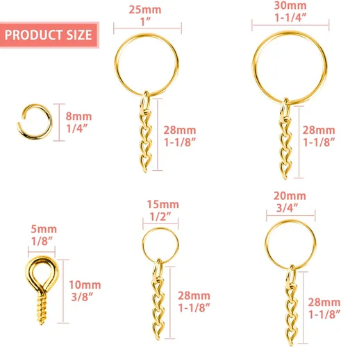 Vista 5 de shynek - Llavero con cadena, 360 llaveros dorados con anillos de salto y pasadores de ojo de tornillo a granel para resina, manualidades