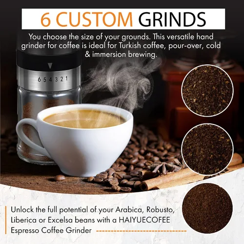 Vista 3 de Molinillo de café manual con 6 ajustes de grosor ajustables, molinillo de café con manivela de mano con rebabas de cerámica para granos de expreso