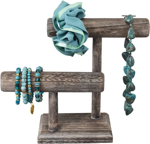 Vista 4 de Ikee Design Torre de exhibición de relojes de pulsera de madera de 2 niveles, soporte de almacenamiento para collar, montaje libre, 7.9 pulgadas