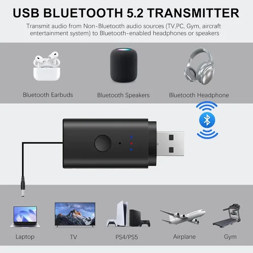 Vista 4 de Transmisor Bluetooth V5.2 para TV, transmisor de audio inalámbrico de doble par compatible con auriculares Airpods, altavoz, adaptador Bluetooth