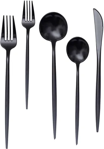 Vista 7 de Efavormart - Juego de cubiertos de plástico resistente, 50 unidades, color negro, cubiertos desechables elegantes