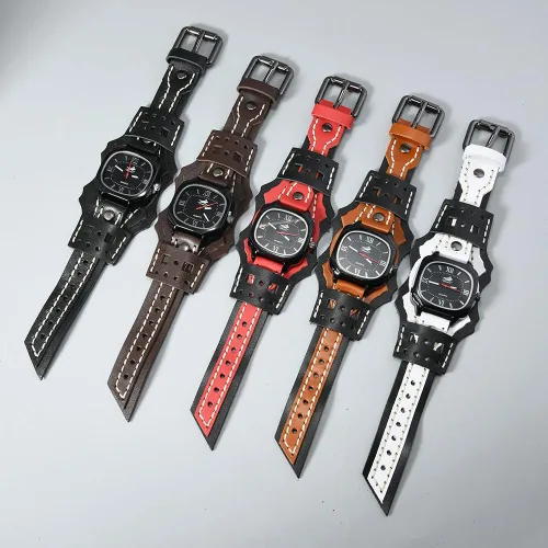 Vista 4 de MINILUJIA Relojes hechos a mano para hombre con cuerda de cera cosida, estilo vintage, punk, hip-hop, gótico, ancho, de cuero genuino, suave, reloj