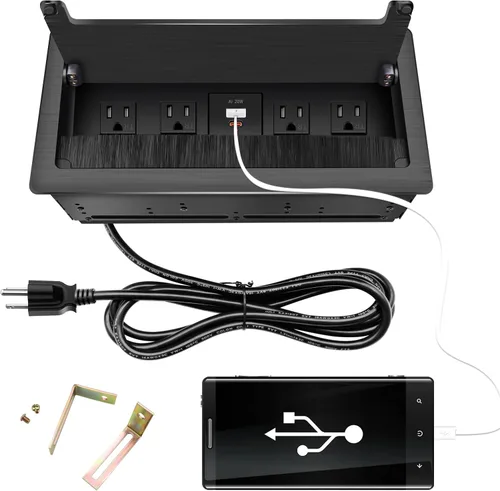 Vista 2 de Caja de toma de corriente integrada Mesa; concentrador de alimentación para mesa de conferencias; 4 salidas AC TR, USB-A USB-C PD 20 W carga rápida