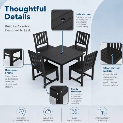 Vista 9 de Juego de comedor al aire libre HDPE para 4, mesa cuadrada y Negro