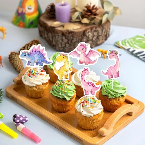 Vista 6 de 48 piezas de decoración de cupcakes de dinosaurio rosa estilo niña, decoración de fiesta de cumpleaños con temática de tres Rex, decoración