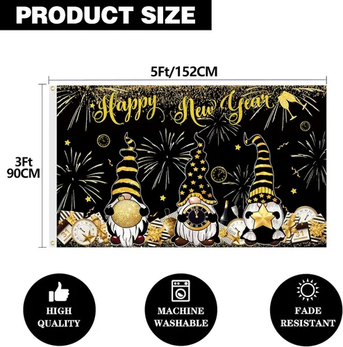 Vista 3 de SENSEVEN Bandera de Feliz Año Nuevo 3x5 Pies Doble Cara, Bandera de Gnomo Dorado, Bandera de Gnomo de Víspera con Reloj y Fuegos Artificiales