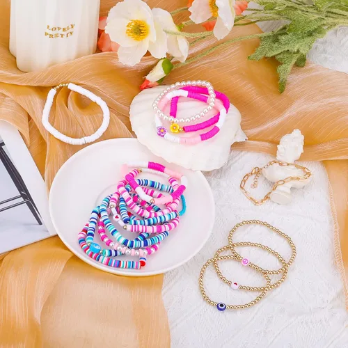 Vista 3 de 16 pulseras Preppy, coloridas pulseras de joyería Heishi Y2K para niñas, estéticas, bohemias, con cuentas, elásticas, de verano, playa, joyería