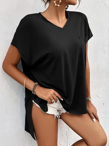 Vista 3 de FSHAOES Camisetas de verano con cuello en V para mujer, manga casquillo, camisetas de gran tamaño, ajuste holgado