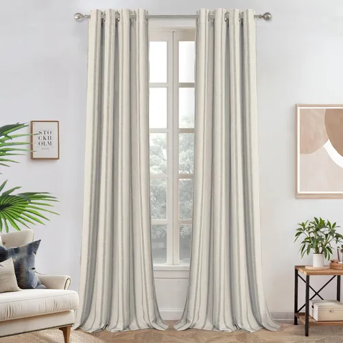 Vista 11 de DriftAway Cortinas opacas de mezcla de lino de granja de 90 pulgadas de largo para dormitorio, cortinas de lino con estampado de rayas verticales