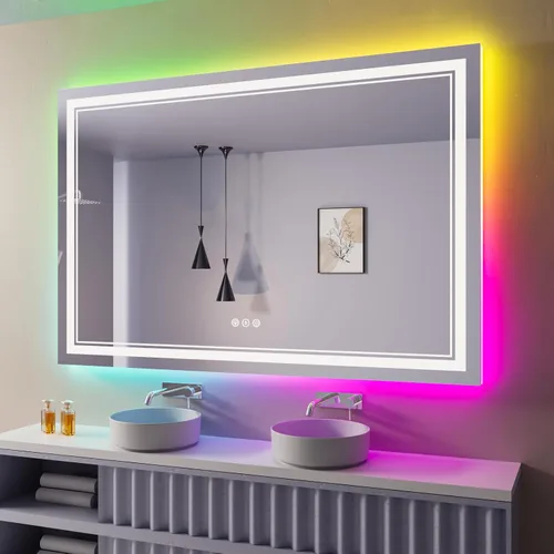 Vista 58 de Espejo de baño LED de 24 x 28 pulgadas, luz frontal y retroiluminada, antiniebla, regulable, espejo de tocador iluminado con memoria, espejo LED