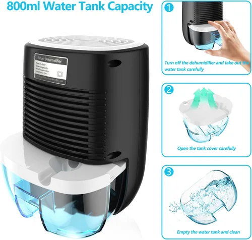 Vista 5 de Deshumidificadores para el hogar 27oz(800ml) Pequeños deshumidificadores con apagado automático y manguera de drenaje, deshumidificador ultra