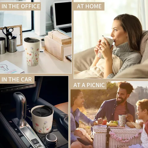 Vista 8 de ANTIS'S HOME Taza de Viaje de Cerámica con Tapa, Taza de Café Tumbler de Doble Pared Beige con Patrón de Flores, Taza Alta Reutilizable, Tapa