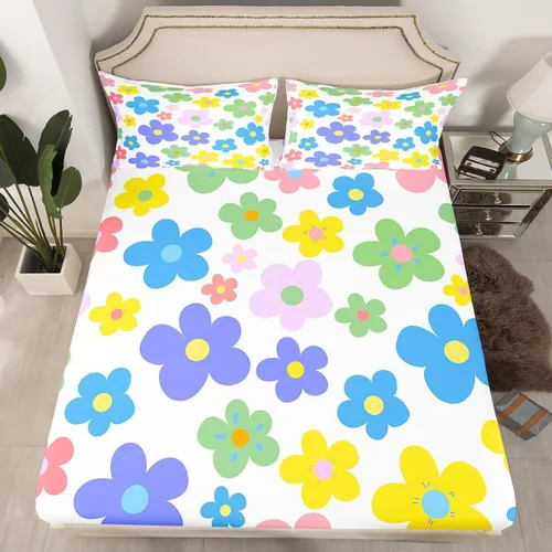 Vista 2 de Bonito juego de sábanas de flores para niñas y mujeres, sábanas coloridas de dibujos animados de flores funky de tamaño individual, bonito juego