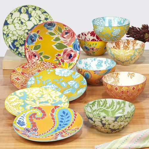 Vista 7 de Damask Floral - Cuencos de porcelana para sopa y cereales de 9.5 pulgadas, juego de 4 – Coloridos patrones florales y cachemira surtidos – Ideal