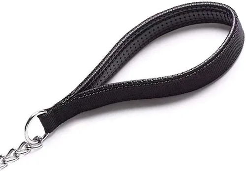 Vista 4 de Correa de cadena de metal chapado en cromo con mango acolchado suave para perros pequeños (S, mango negro)