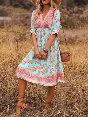 Vista 3 de OYOANGLE Vestido midi acampanado de media manga con cuello en V y estampado floral bohemio para mujer