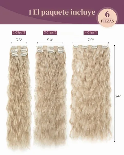 Vista 2 de LONAI - Extensiones de cabello con clip, 6 piezas, rizadas, de 24" de largo, sintéticas, para mujer, color rubio ceniza natural