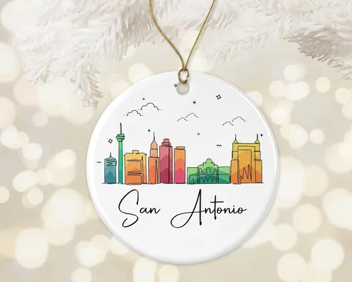 Vista 2 de Adorno de San Antonio, adorno de Navidad con puntos de referencia, colorido gráfico de horizonte de ciudad, nuevos regalos para Navidad impresos