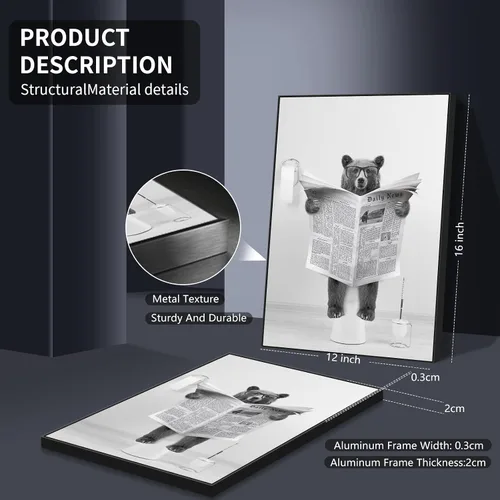 Vista 7 de XMJJQQ Lienzo enmarcado divertido de oso para pared, pintura de lindo oso blanco y negro en el inodoro, imagen de animales salvajes, decoración