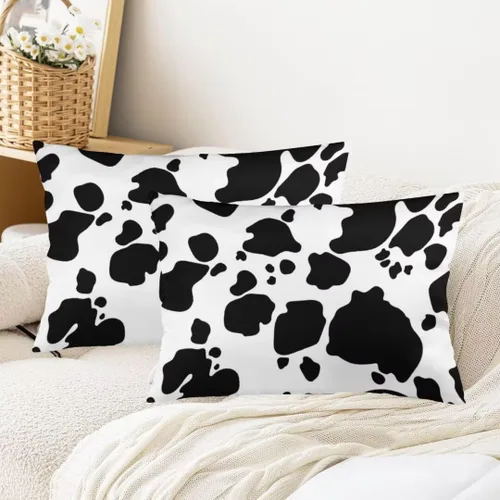 Vista 3 de Juego de 2 fundas de almohada con estampado de vaca, tamaño Queen, color blanco y negro, fundas de almohada lumbar, fundas decorativas estándar