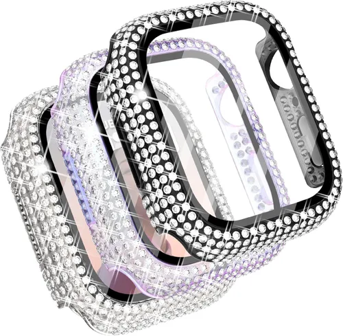 Vista 14 de Fullife Paquete de 3 fundas compatibles con Bling Apple Watch Series 3 de 1.496 pulgadas, fundas protectoras con diamantes de cristal con protector