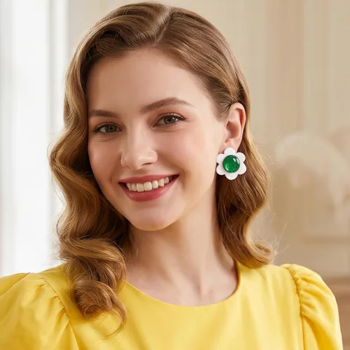 Vista 6 de Pendientes de flores verdes blancas con broche para mujer, disfraz