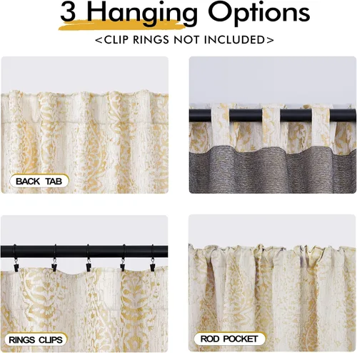 Vista 3 de Mrs.Naturall Cortinas Doradas de Lujo para Dormitorio, Cortinas con Patrón de Medallón Damasco para Cocina Baño Sala de Estar 63 Pulgadas de Largo