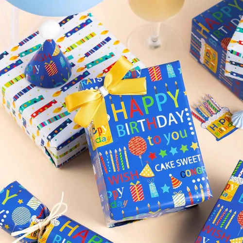 Vista 3 de Homeral Rollo de papel de regalo azul para cumpleaños - 17 pulgadas x 16.5 pies, con letras reversibles de "Feliz Cumpleaños" y velas coloridas.