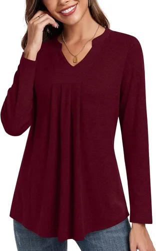 Vista 2 de Anyhold Blusa de manga larga para mujer, cuello en V, casual, plisada, básica