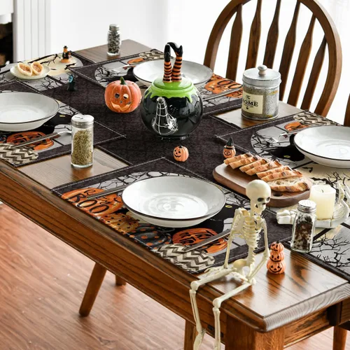 Vista 5 de Artoid Mode Boo - Juego de 4 manteles individuales de Halloween con diseño de calabazas de gato negro, 12 x 18 pulgadas, para decoración de fiestas