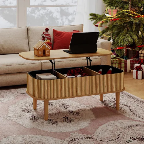 Vista 9 de Mesa de centro acanalada con tapa elevable y almacenamiento oculto, mesa de centro ovalada con tapa elevable, diseño moderno de mediados de siglo