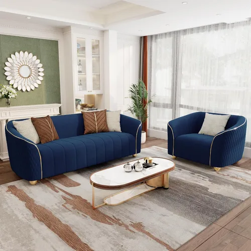 Vista 13 de Sofá de lujo de terciopelo retro de 3 plazas, cómodo sofá biplaza tapizado de terciopelo de 86 pulgadas con patas y almohadas de metal dorado, sofá