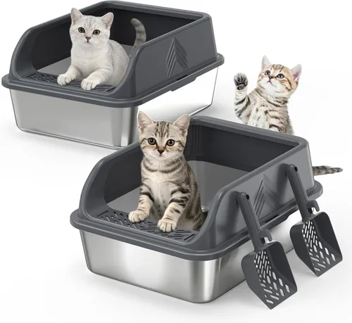 Vista 11 de Pequeña caja de arena de acero inoxidable con tapa para gatitos, cajas de arena de metal para gatos con laterales altos cerradas para gatos