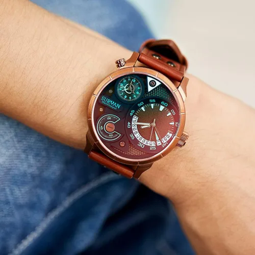 Vista 5 de SURVAN WatchDesigner Watch for Men Quartz Movement Analog Chronograph Mens Watches Genuine Leather Strap Waterproof Luminous Pointer Red Magic Glass
