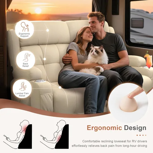 Vista 6 de Sofá reclinable de dos plazas para cine en casa, sofá reclinable de pared con USB, portavasos, sillón reclinable de tela de guijarros, sofá cama